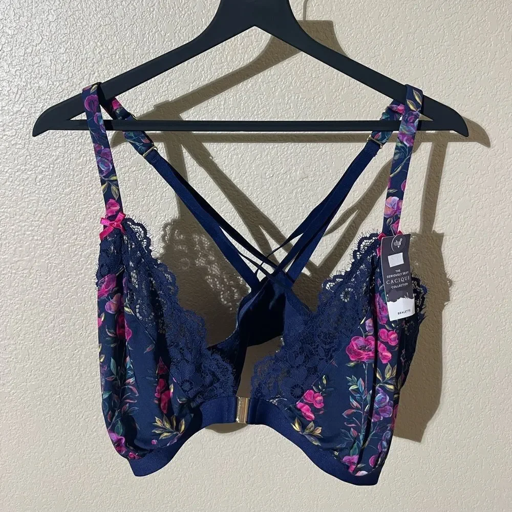 Cacique Navy and Pink Floral Lace Bralette
